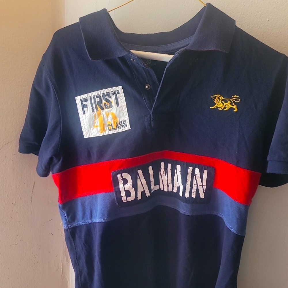 Balmain Blue and Red Polo Shirt with Bold Branding
